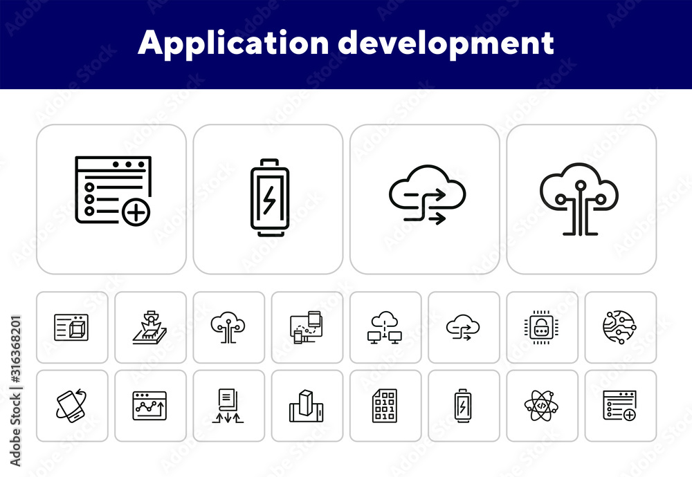 Poster application development line icon set. battery charging, binary code, cloud networking. information 