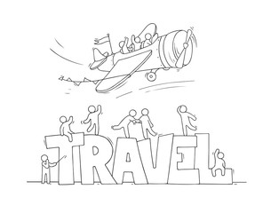Sketch of little people fly on plane.
