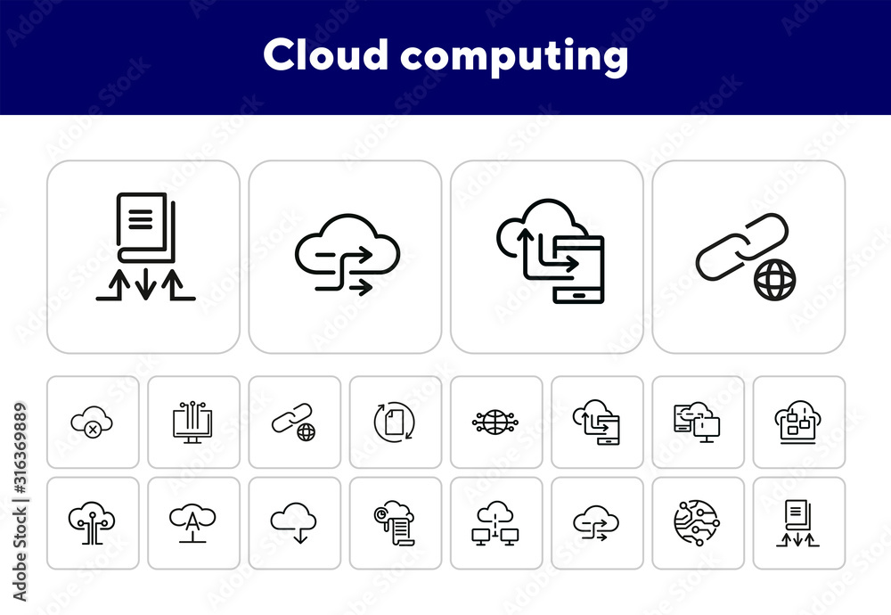 Poster cloud computing line icon set. set of line icons on white background. programming concept. system, s