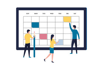 Calendar, work day planning, schedule, to-do list. Young employees make plans for the week in the electronic calendar and check the deadline. Flat vector illustration isolated on white background.