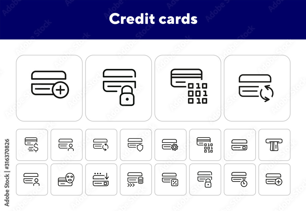 Sticker credit cards line icon set. set of line icons on white background. banking concept. gear, face, paym