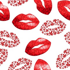 Lips and marijuana leaves seamless vector pattern.Valentine's day vector background