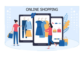 Online shopping on a smartphone. Two young women buy fashionable clothes, shoes and accessories in an online store via the Internet. Dresses, skirts, trousers. Flat vector illustration on white back