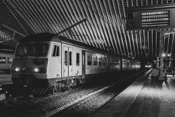 Un train en gare et en noir et blanc