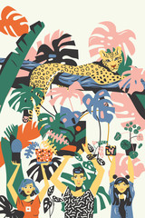 Young Millennial People Characters With Tropical House Plants (Monstera, Pilea Peperomioides) And Leopard Cat. Wild life and Human concept © ollysweatshirt