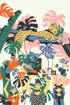Young Millennial People Characters With Tropical House Plants (Monstera, Pilea Peperomioides) And Leopard Cat. Wild life and Human concept