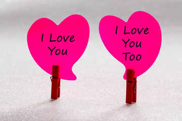  Happy Valentine's Day.  Two Hearts standing on clips that make a mutual declaration of love