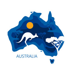 AUSTRALIA day 26 January. Decorative 3d paper cut map of Australia continent with kinguru silhouettes and trees. Vector illustration EPS 10 © poppystyle