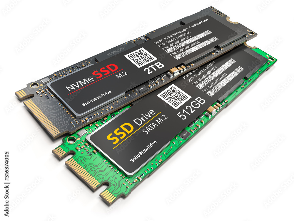 Poster different ssd m2 disk drive isolated on white background.