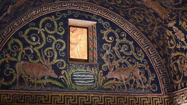 Ravenna, Italy, December 2019.Mausoleum of Galla Placidia,close-up image of the bezel of the deer has a symbolic meaning,the soul who wishes to reach God is compared to the deer looking for the source