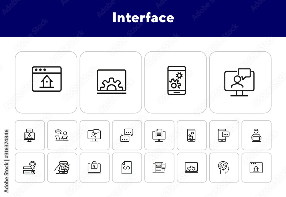 Poster interface line icon set. home page, locked smartphone, messenger. communication concept. can be used