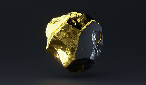 Marble black and gold stome. 3D Rendering. Abstract minimalistic rock object for web site header or banner.