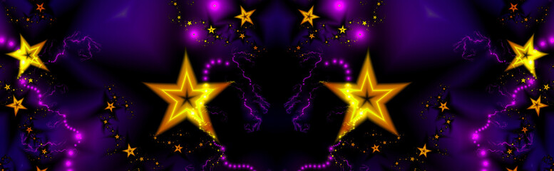 Wide screen fractal pattern of golden stars on  purple background