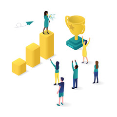 Flat design 3d isometric public speaking with loudspeaker talking to crowd.perfect for website illustration or apps. Megaphone alert promotion vector graphic template.