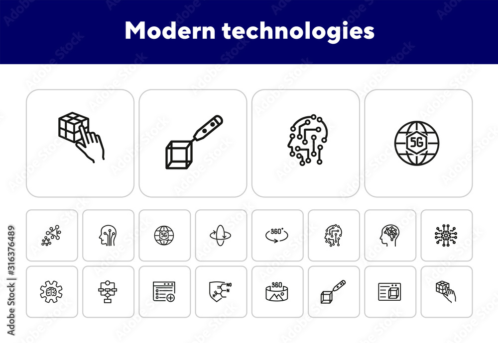 Poster modern technologies line icon set. 3d design, 360 degree picture, ai brain. development concept. can