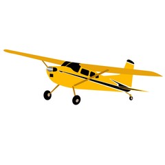 Yellow plane on a white background. Private upper wing passenger plane.