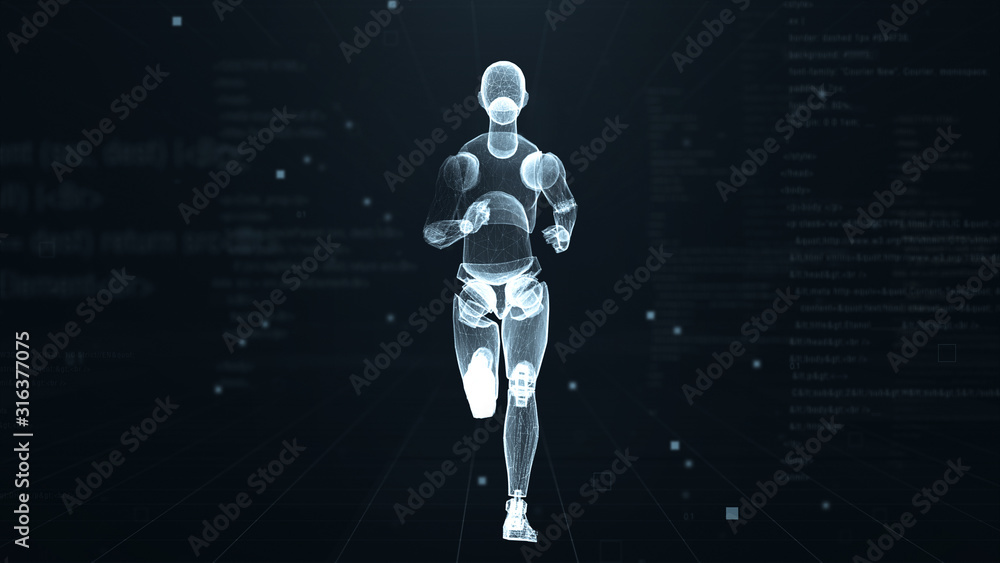 Poster human puppet running on virtual 3d digital space with futuristic white hud. x-ray scan. front view.