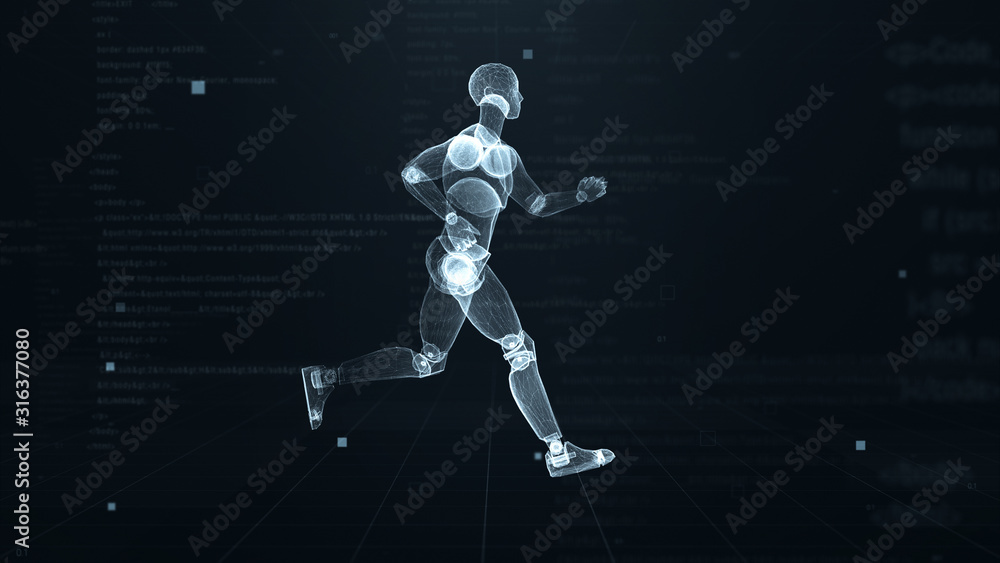 Poster human puppet running on virtual 3d digital space with futuristic white hud. x-ray scan. side view.