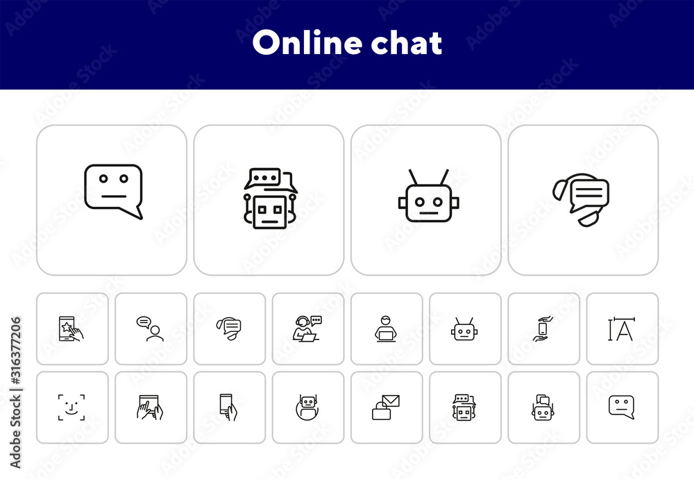 Poster online chat line icon set. algorithm, bot, correspondence. communication concept. can be used for to