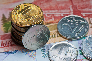 Money. Russian roubles coins and bills