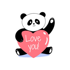 Cute lovely panda holding heart sign with love you typograpy, waving hand, celebrating Valentine's Day