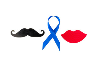 Prostate Cancer Awareness,  Blue Ribbon with mustache. Men Healthcare and World cancer day concept
