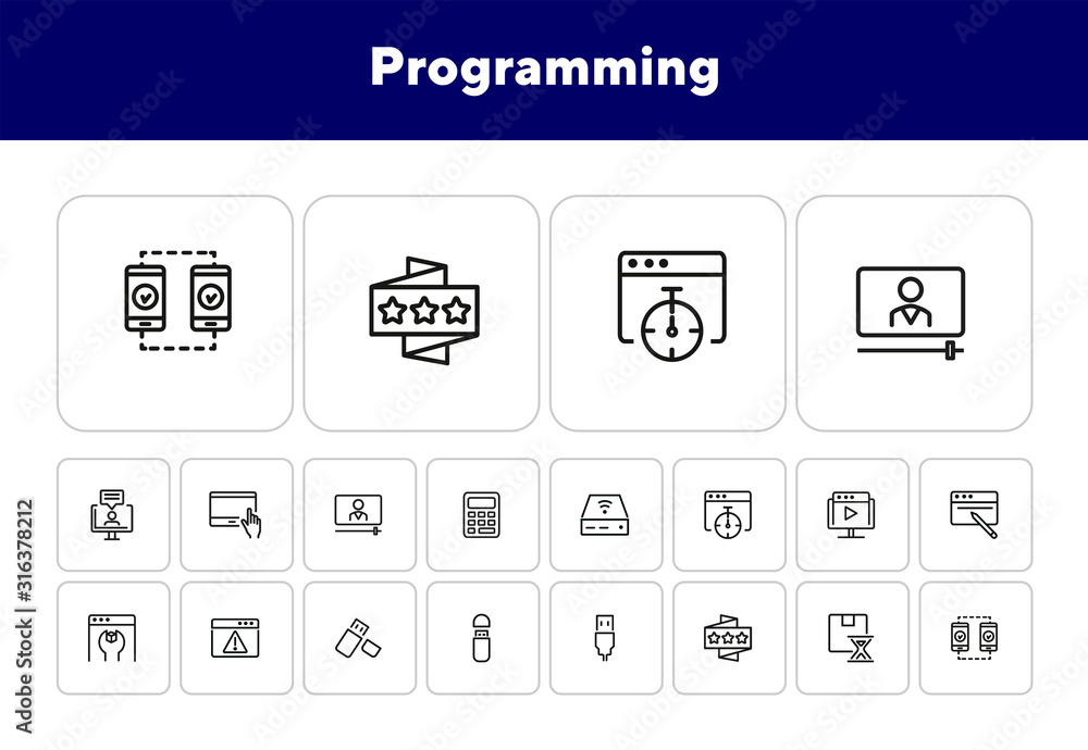 Poster programming line icon set. video content, wrench, browser, usb flash drive. information technology c