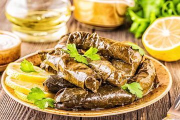 Dolma, stuffed grape leaves with rice and meat.