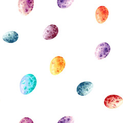 Obraz na płótnie Canvas Seamless easter pattern consisting of colorful eggs. Watercolor easter eggs on white background. Wrapping, scrapbooking
