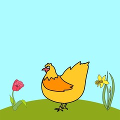 Hen daffodil and tulip on green meadow on a blue sky, sunny day. Kids background. Copy space.