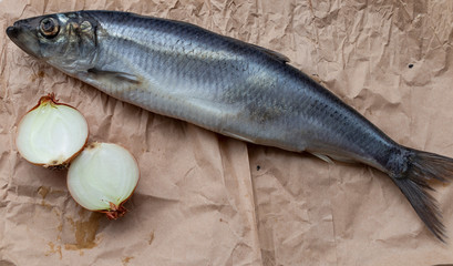 Salted fish - herring with onions, buckwheat bread and herbs, on a wooden board and white background. With crumpled craft paper. Yummy.