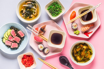 Table with traditional japanese food.