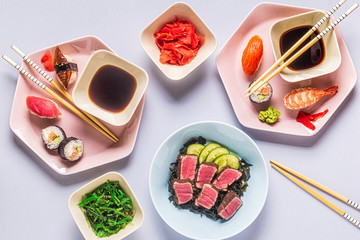 Fototapeta na wymiar Table with traditional japanese food.
