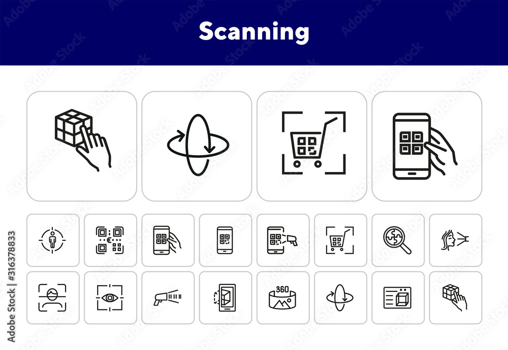 Poster scanning line icon set. barcode, eye scanning, face detection. identification concept. can be used f