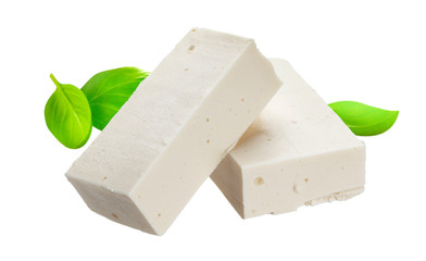 Sliced feta cheese isolated on white background
