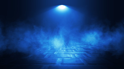 Obraz premium Empty background scene. Spotlight light reflection on asphalt. Rays of neon light in the dark, neon shapes, smoke. Background of an empty stage show. Abstract blue dark background.