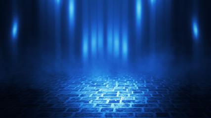 Empty background scene. Spotlight light reflection on asphalt. Rays of neon light in the dark, neon shapes, smoke. Background of an empty stage show. Abstract blue dark background.