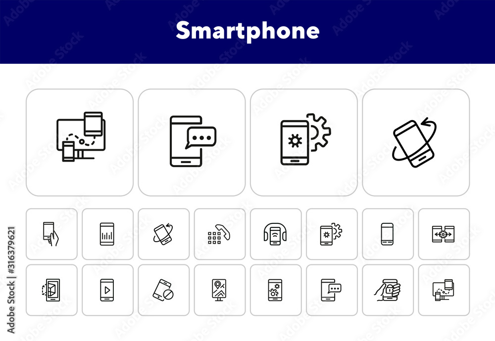 Poster smartphone line icon set. settings, navigation, multimedia content. mobile technology concept. can b