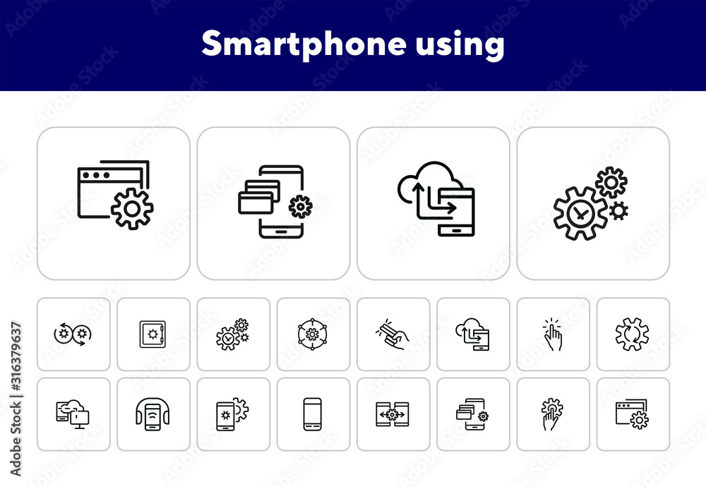 Poster smartphone using line icon set. audio content, wireless connection, settings. mobile technology conc