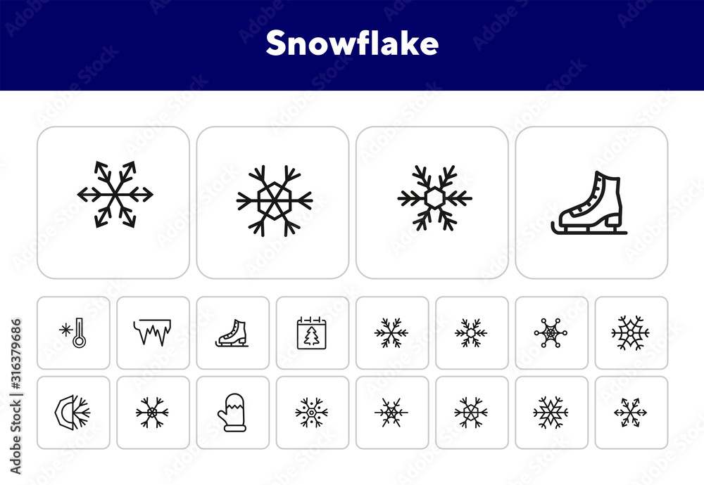 Poster snowflake line icon set. set of line icons on white background. snowflake, frosted pattern, mitten. 