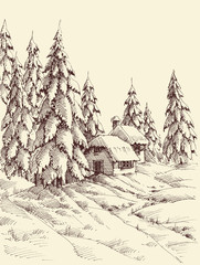 A cabin in the pine forest in winter season hand drawing