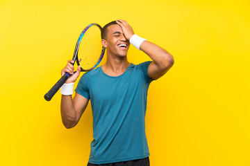 African American tennis player man has realized something and intending the solution