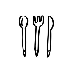 Metal cutlery spoon fork knife in doodle style isolated on white background. Vector outline