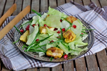 Fresh salad with lettuce, cucumber,pomegranate and chicken fillet