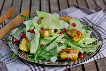 Fresh salad with lettuce, cucumber,pomegranate and chicken fillet