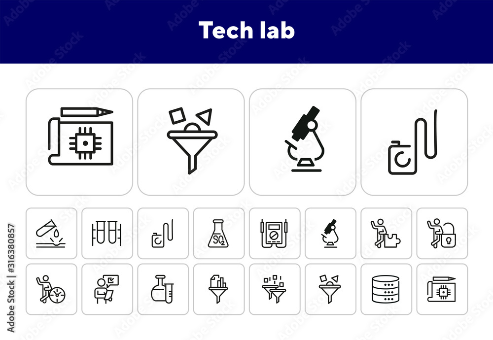 Poster tech lab line icon set. chemical tube, microscope, binary code filter, data storage. research concep