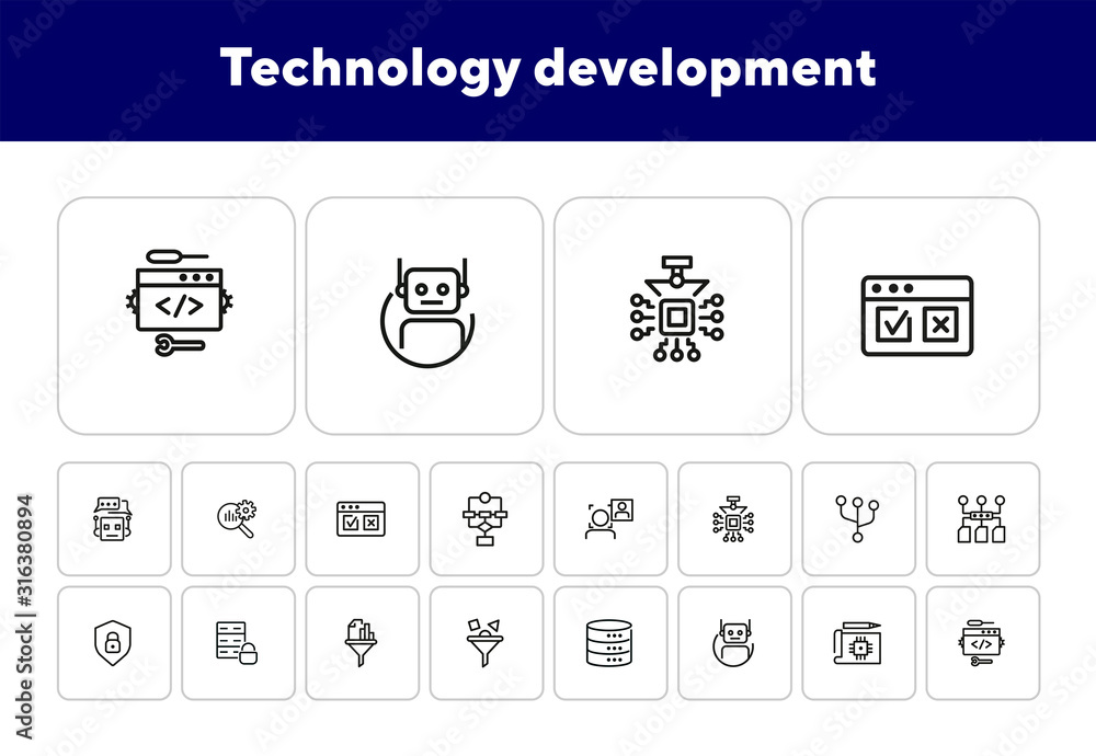 Poster technology development line icon set. computer service, bot, database. it concept. can be used for t