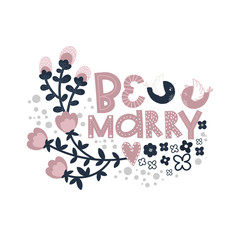 Valentine's day, birds and flowers greeting card template for congratulations, pink love lettering vector illustration