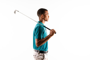 Afro American golfer player man over isolated white background