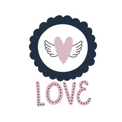valentines day, heart with wings in a frame greeting card template congratulations, pink love lettering vector illustration